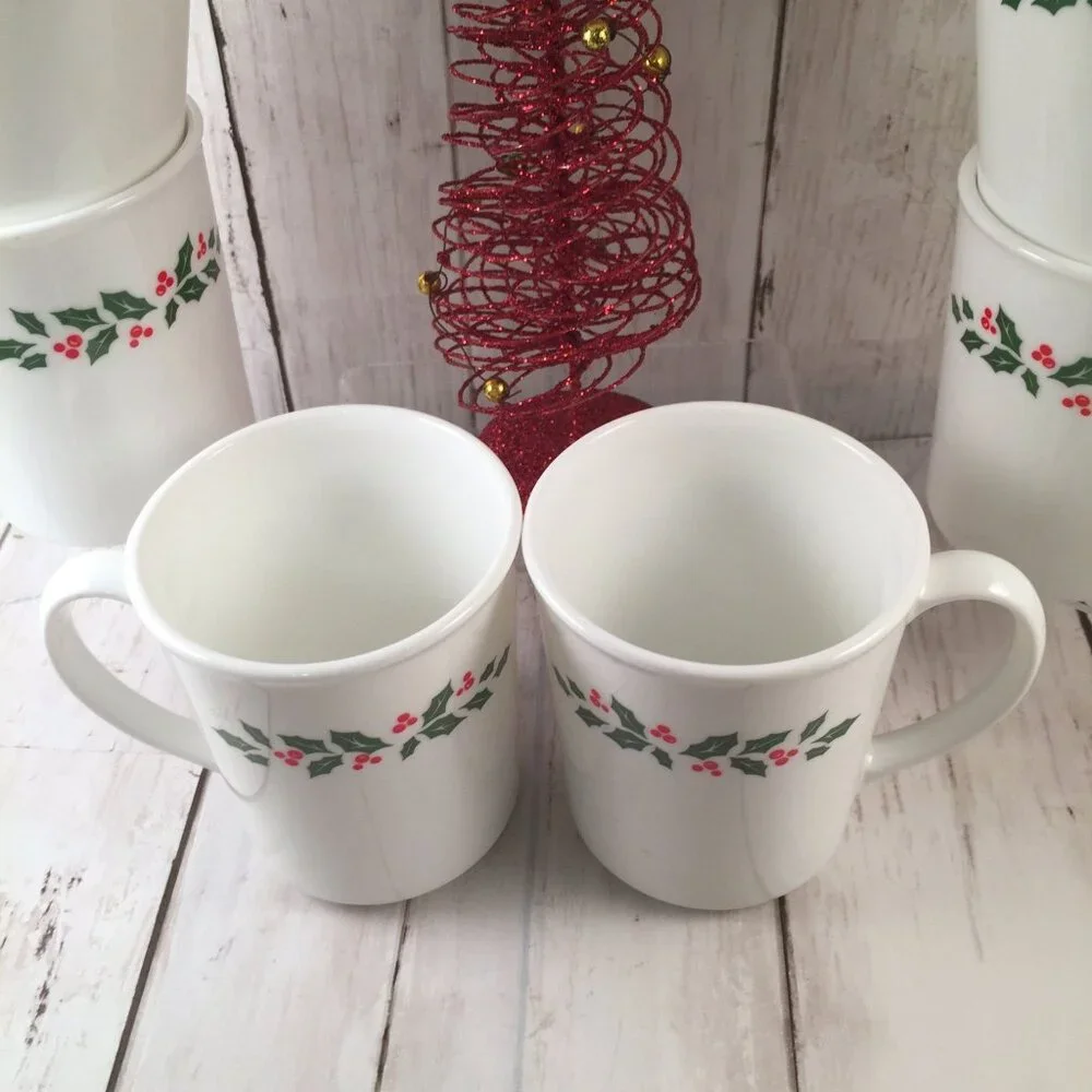 2 Winter Holly Berry Mugs Corning White Glass Green Christmas Holidays - Picture 2 of 5